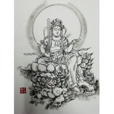 手描きTシャツ 仏画 文殊菩薩 白 (半袖 Lサイズ)