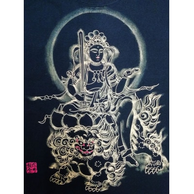 手描きTシャツ 仏画 文殊菩薩 黒 (半袖 Sサイズ)