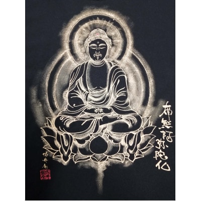 手描きTシャツ 仏画 阿弥陀如来 黒 (半袖 Mサイズ)