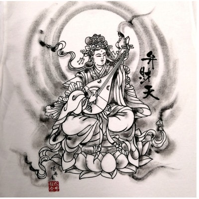 手描きTシャツ 仏画 弁財天 白 (半袖 Sサイズ)