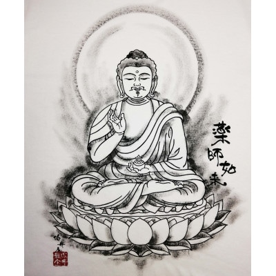 手描きTシャツ 仏画 薬師如来 白 (半袖 XLサイズ)