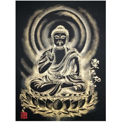 手描きTシャツ 仏画 薬師如来 黒 (半袖 Sサイズ)