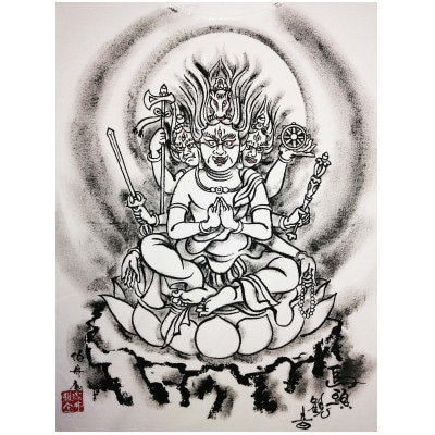 手描きTシャツ 仏画 馬頭観音 白 (半袖 Sサイズ)