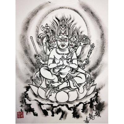 手描きTシャツ 仏画 馬頭観音 白 (半袖 Mサイズ)