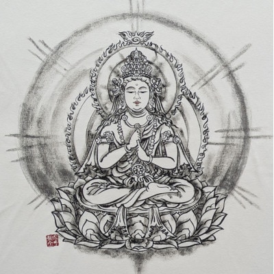 手描きTシャツ 仏画 大日如来 金剛界 白 (半袖 Lサイズ)