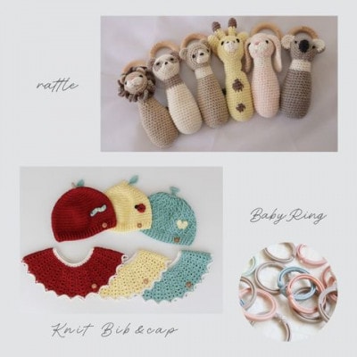 HOPPL(ホップル)　手編みベビーギフトセット(メロンSサイズ/パンダラトル)