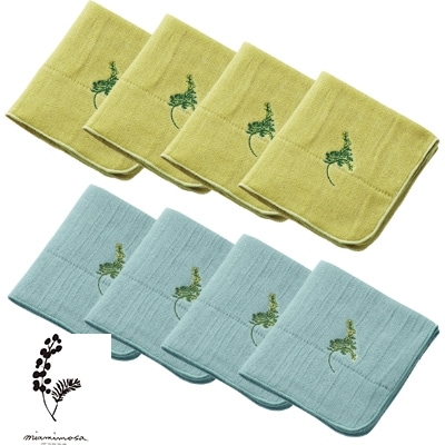 刺繍高吸水ガーゼハンカチ8枚セット(四重織シャリ感ガーゼ)和泉木綿　ミモザの花の刺繍入り