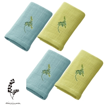 刺繍高吸水ガーゼフェイスタオル4枚セット(四重織シャリ感ガーゼ)和泉木綿　ミモザの花の刺繍入り