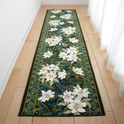 日本製 廊下カーペット 65cm×180cm 【ユリ柄】 滑り止め加工 (グリーン)