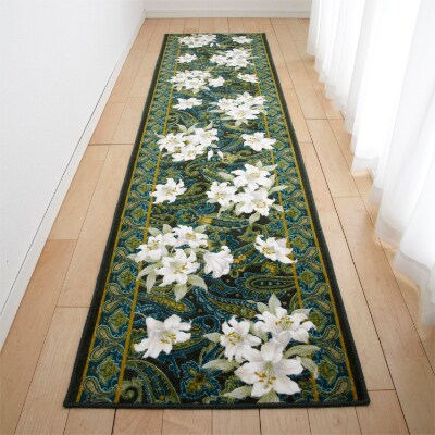 日本製 廊下カーペット 65cm×440cm 【ユリ柄】 滑り止め加工 (グリーン)