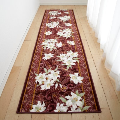 日本製 廊下カーペット 65cm×240cm 【ユリ柄】 滑り止め加工 (エンジ)