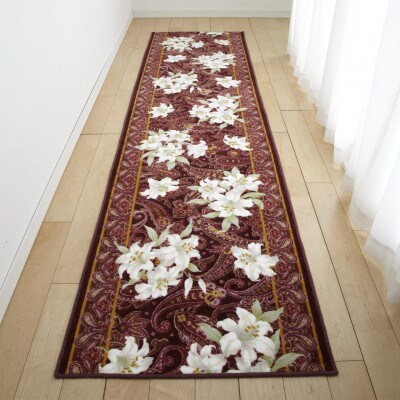 日本製 廊下カーペット 80cm×440cm 【ユリ柄】 滑り止め加工 (エンジ)