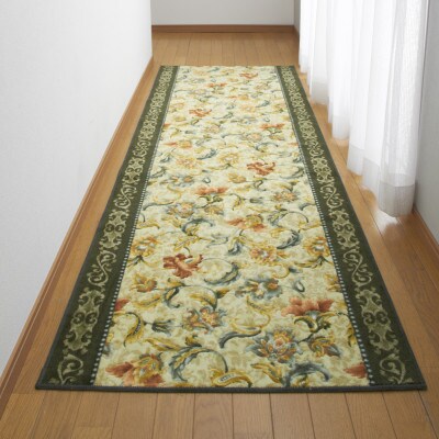 日本製 廊下カーペット 65cm×700cm 【オリエンタル更紗】 滑り止め加工 (グリーン)