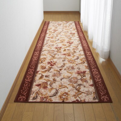 日本製 廊下カーペット 65cm×540cm 【オリエンタル更紗】 滑り止め加工 (エンジ)