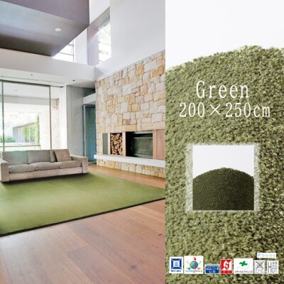 高密度＆素足に心地よいソフトタッチ カーペット (サキソニー) グリーン【200×250cm】