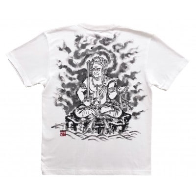 手描きTシャツ 仏画 不動明王 白 綿生地 (半袖 XLサイズ)