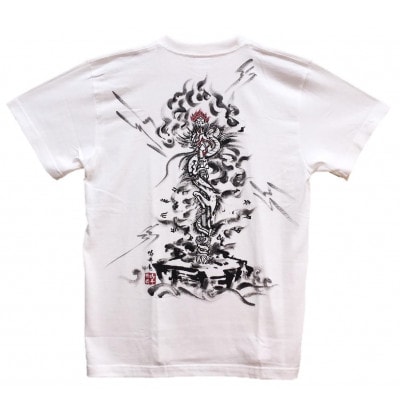 手描きTシャツ 仏画 倶利伽羅不動 白 (半袖 Sサイズ)