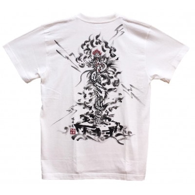 手描きTシャツ 仏画 倶利伽羅不動 白 (半袖 Lサイズ)