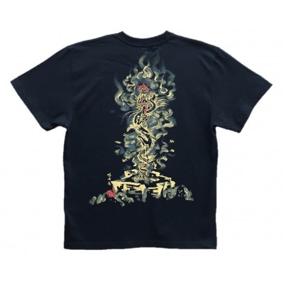 手描きTシャツ 仏画 倶利伽羅不動 黒 (半袖 Mサイズ)