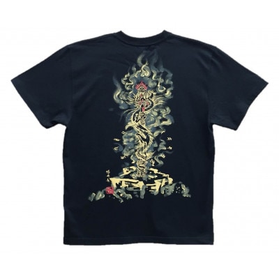 手描きTシャツ 仏画 倶利伽羅不動 黒 (半袖 Lサイズ)
