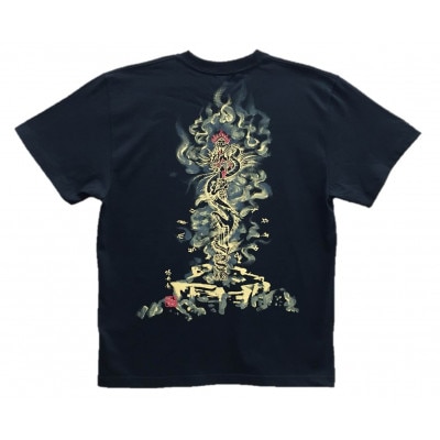 手描きTシャツ 仏画 倶利伽羅不動 黒 (半袖 XLサイズ)