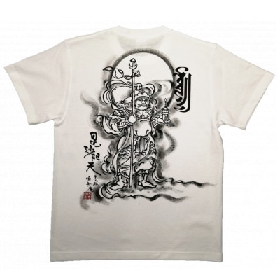 手描きTシャツ 仏画 毘沙門天 白 (半袖 Sサイズ)