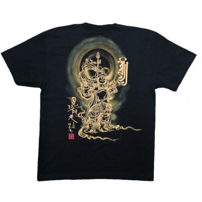 手描きTシャツ 仏画 毘沙門天 黒 (半袖 Lサイズ)