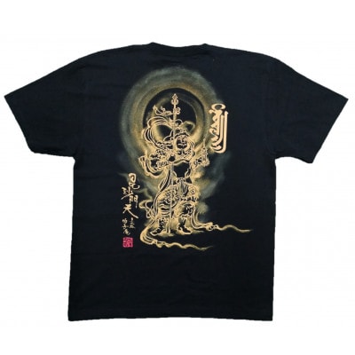 手描きTシャツ 仏画 毘沙門天 黒 (半袖 XLサイズ)