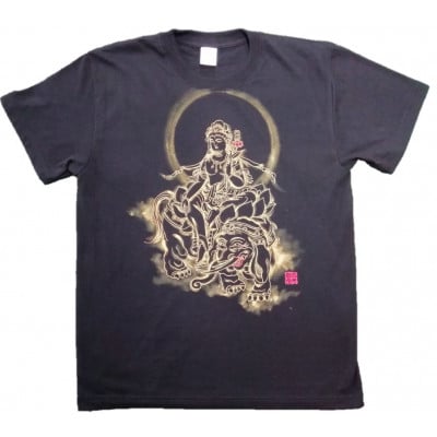 手描きTシャツ 仏画 普賢菩薩 黒 (半袖 Mサイズ)