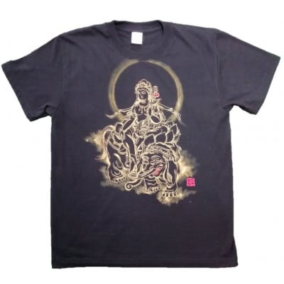 手描きTシャツ 仏画 普賢菩薩 黒 (半袖 Lサイズ)