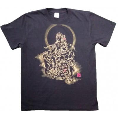 手描きTシャツ 仏画 普賢菩薩 黒 (半袖 XLサイズ)