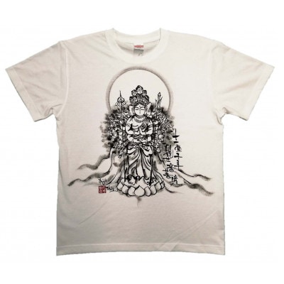 手描きTシャツ 仏画 十一面千手観音 白 (半袖 Sサイズ)