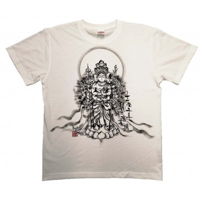 手描きTシャツ 仏画 十一面千手観音 白 (半袖 Mサイズ)