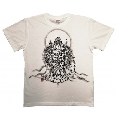 手描きTシャツ 仏画 十一面千手観音 白 (半袖 XLサイズ)