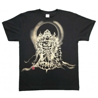 手描きTシャツ 仏画 十一面千手観音 黒 (半袖 Mサイズ)