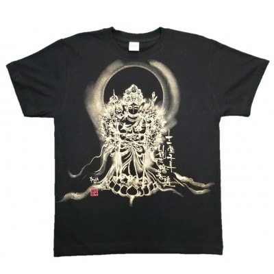 手描きTシャツ 仏画 十一面千手観音 黒 (半袖 Lサイズ)