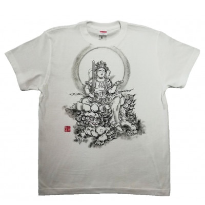 手描きTシャツ 仏画 文殊菩薩 白 (半袖 Mサイズ)
