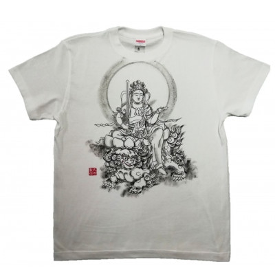 手描きTシャツ 仏画 文殊菩薩 白 (半袖 Lサイズ)