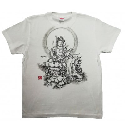 手描きTシャツ 仏画 文殊菩薩 白 (半袖 XLサイズ)