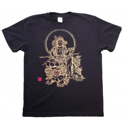 手描きTシャツ 仏画 文殊菩薩 黒 (半袖 Sサイズ)