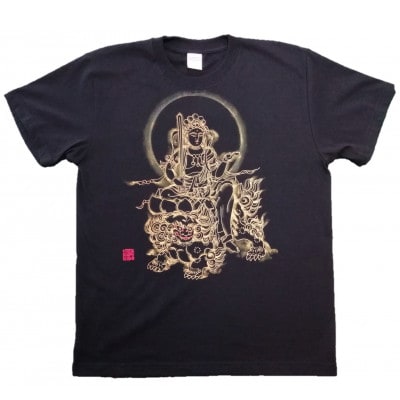 手描きTシャツ 仏画 文殊菩薩 黒 (半袖 Mサイズ)