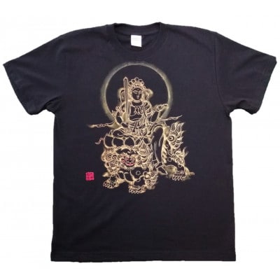 手描きTシャツ 仏画 文殊菩薩 黒 (半袖 Lサイズ)