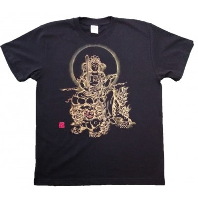 手描きTシャツ 仏画 文殊菩薩 黒 (半袖 XLサイズ)