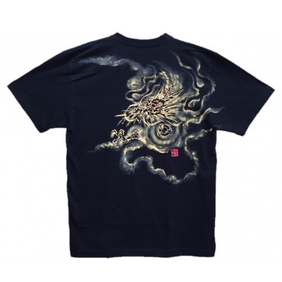 手描きTシャツ 日本画 龍神 黒 (半袖 Lサイズ)