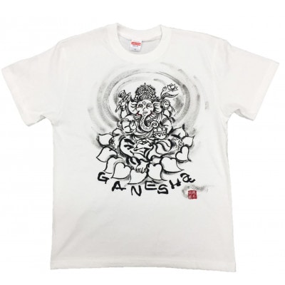手描きTシャツ 仏画 ガネーシャ 白 (半袖 Lサイズ)