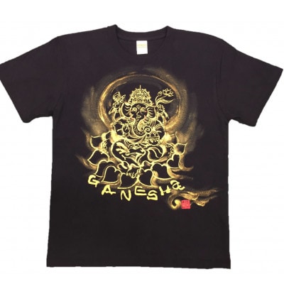 手描きTシャツ 仏画 ガネーシャ 黒 (半袖 Mサイズ)