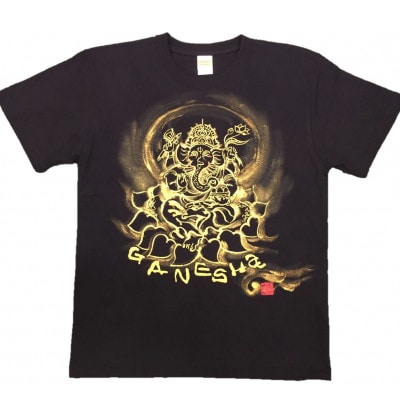 手描きTシャツ 仏画 ガネーシャ 黒 (半袖 Lサイズ)