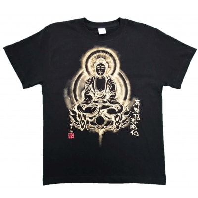 手描きTシャツ 仏画 阿弥陀如来 黒 (半袖 Lサイズ)