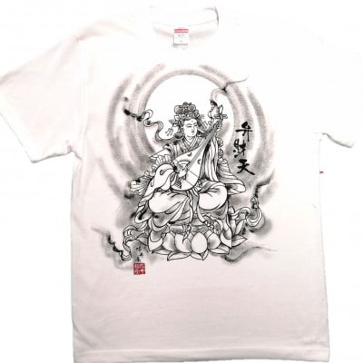 手描きTシャツ 仏画 弁財天 白 (半袖 Sサイズ)