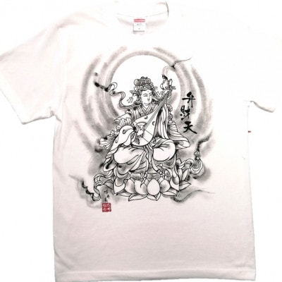 手描きTシャツ 仏画 弁財天 白 (半袖 Mサイズ)